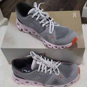 On Cloud X3 Womens 7.5 Sneakers In Alloy/Lilly Color, Gray/Pink/Orange Soles